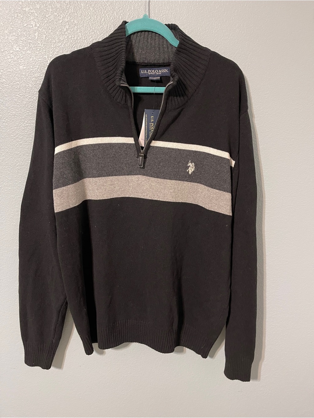 U.S. Polo Assn Men's Gray Striped Cotton Knit 1/4 Zip Sweater XL Preppy